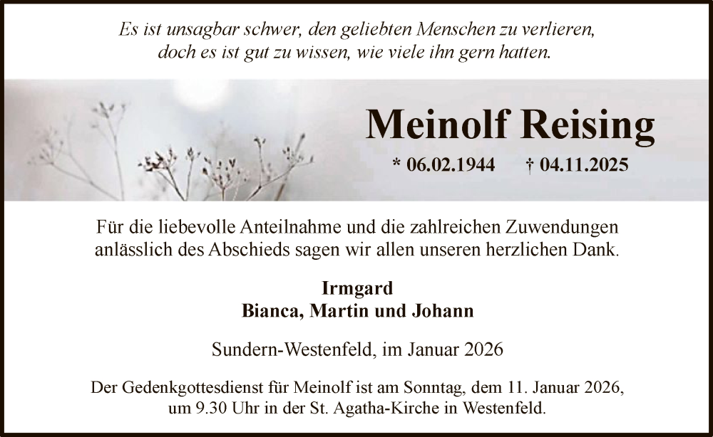  Traueranzeige für Meinolf Reising vom 03.01.2026 aus HASK