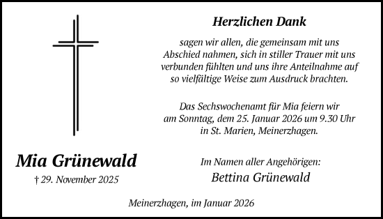 Traueranzeige von Mia Grünewald von HALN