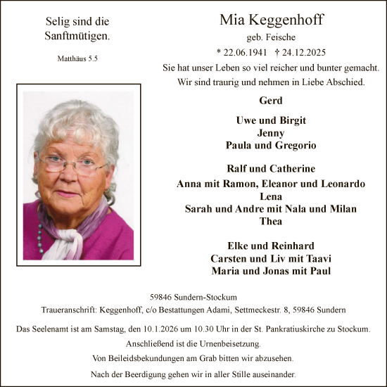 Traueranzeige von Mia Keggenhoff von HASK