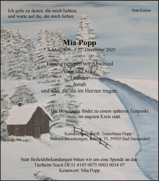 Traueranzeige von Mia Popp von HASO