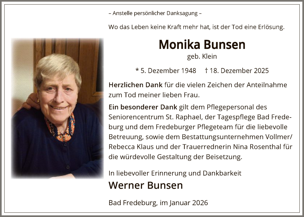  Traueranzeige für Monika Bunsen vom 17.01.2026 aus HASK