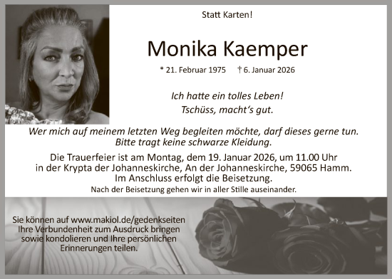 Traueranzeige von Monika Kaemper von HAWA