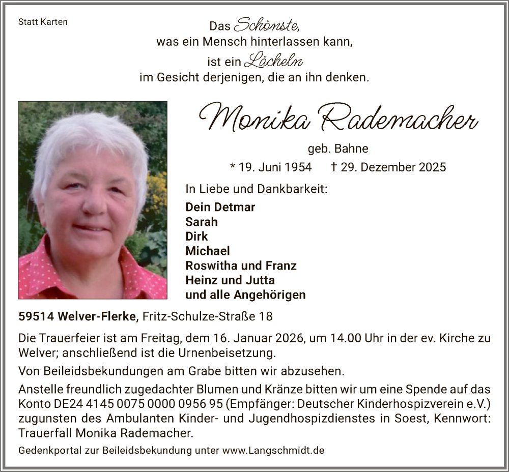  Traueranzeige für Monika Rademacher vom 05.01.2026 aus HASO