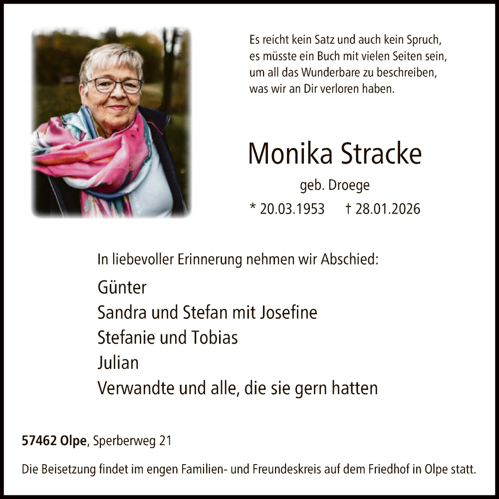  Traueranzeige für Monika Stracke vom 31.01.2026 aus HASK