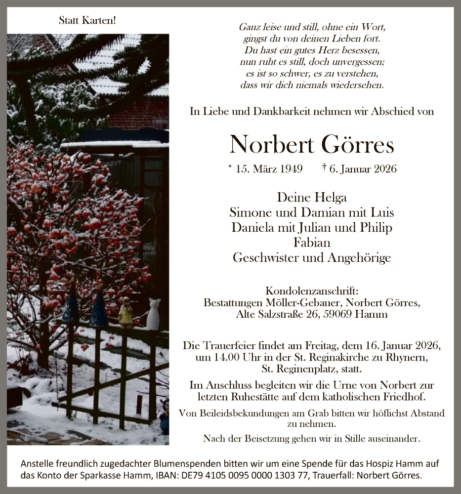  Traueranzeige für Norbert Görres vom 13.01.2026 aus HAWA