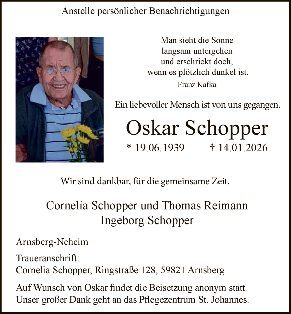  Traueranzeige für Oskar Schopper vom 17.01.2026 aus HASK
