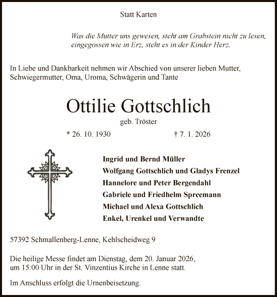 Traueranzeige von Ottilie Gottschlich von HASK