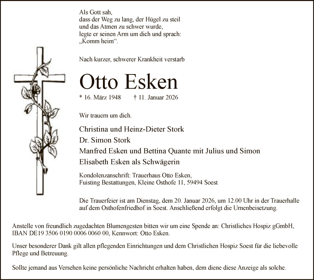  Traueranzeige für Otto Esken vom 17.01.2026 aus HASO