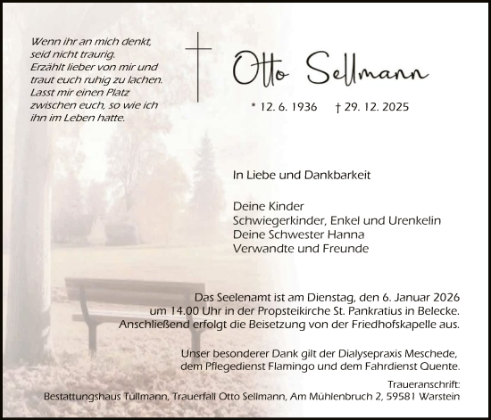 Traueranzeige von Otto Sellmann von HASO