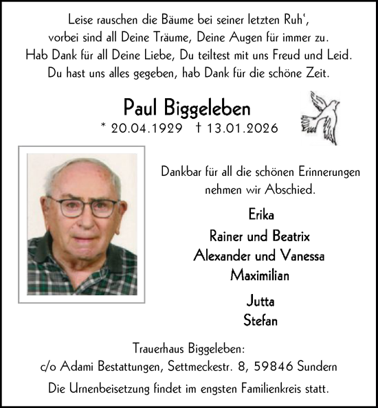 Traueranzeige von Paul Biggeleben von HASK