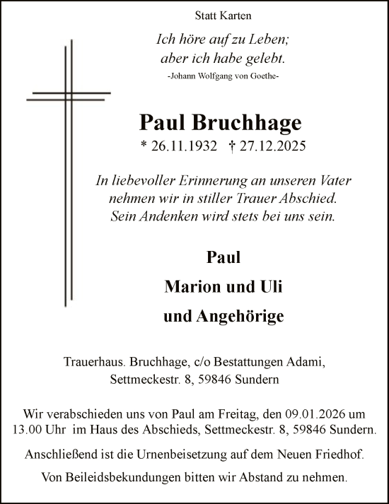 Traueranzeige von Paul Bruchhage von HASK