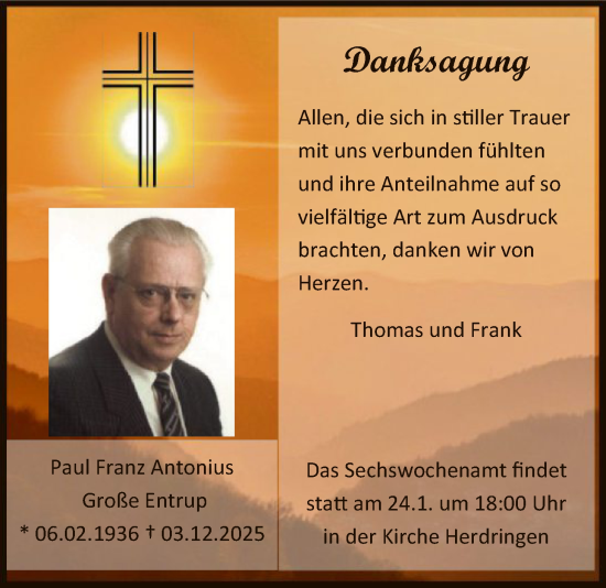 Traueranzeige von Paul Franz Antonius Große Entrup von HASK