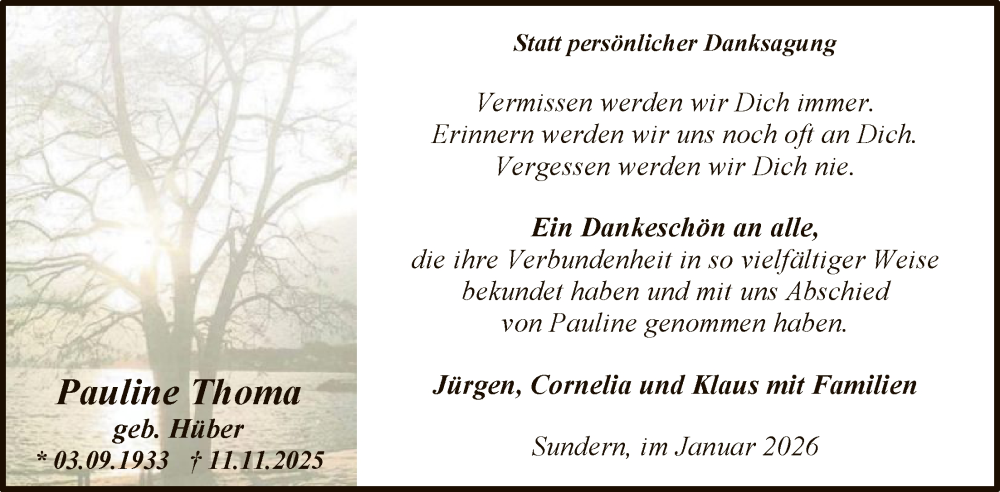  Traueranzeige für Pauline Thoma vom 03.01.2026 aus HASK