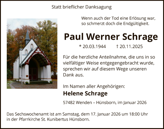 Traueranzeige von Paul Werner Schrage von HASK