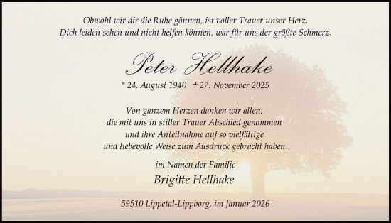 Traueranzeige von Peter Hellhake von HASO