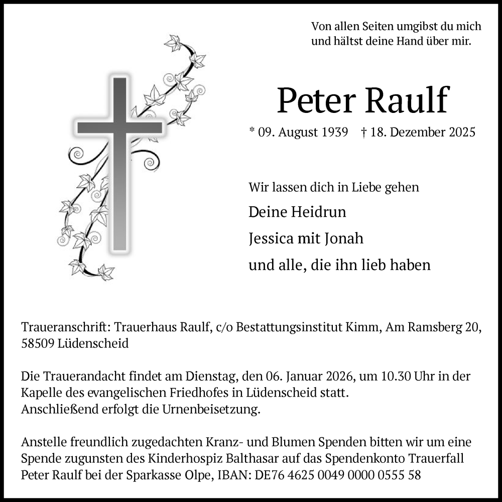  Traueranzeige für Peter Raulf vom 03.01.2026 aus HALN