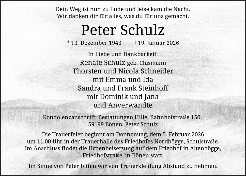  Traueranzeige für Peter Schulz vom 31.01.2026 aus HAWA