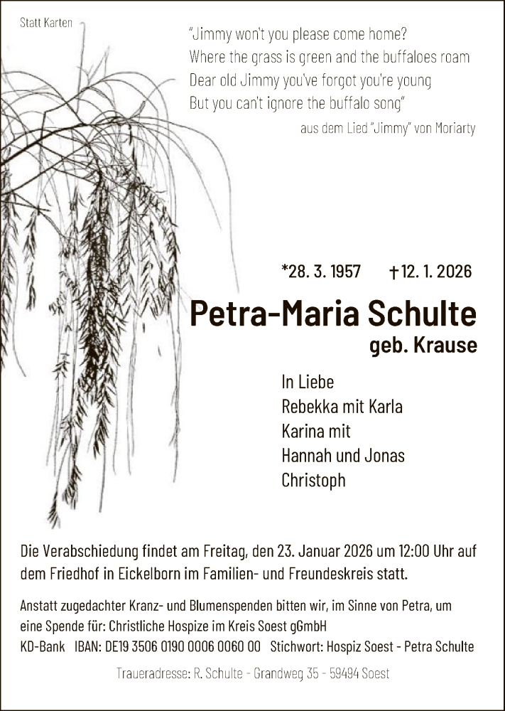  Traueranzeige für Petra-Maria Schulte vom 20.01.2026 aus HASO
