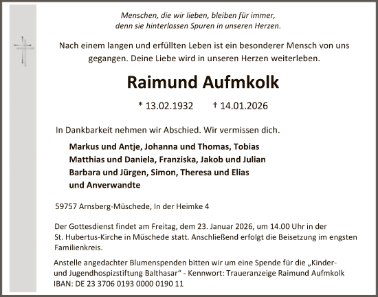 Traueranzeige von Raimund Aufmkolk von HASK