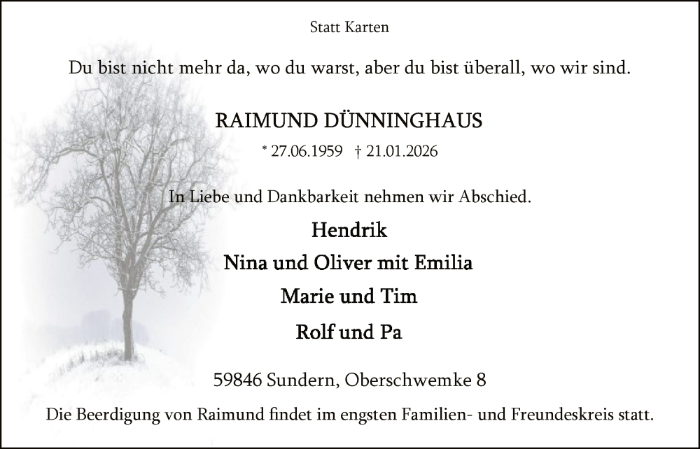  Traueranzeige für Raimund Dünninghaus vom 31.01.2026 aus HASK