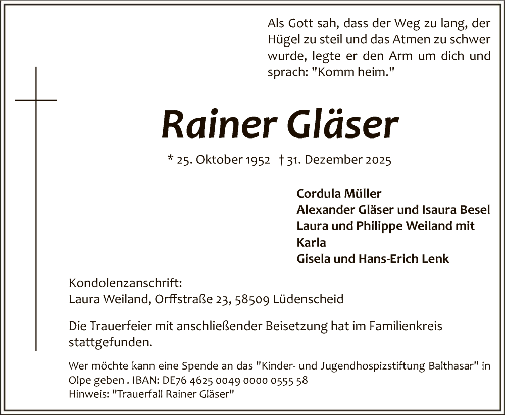  Traueranzeige für Rainer Gläser vom 17.01.2026 aus HALN