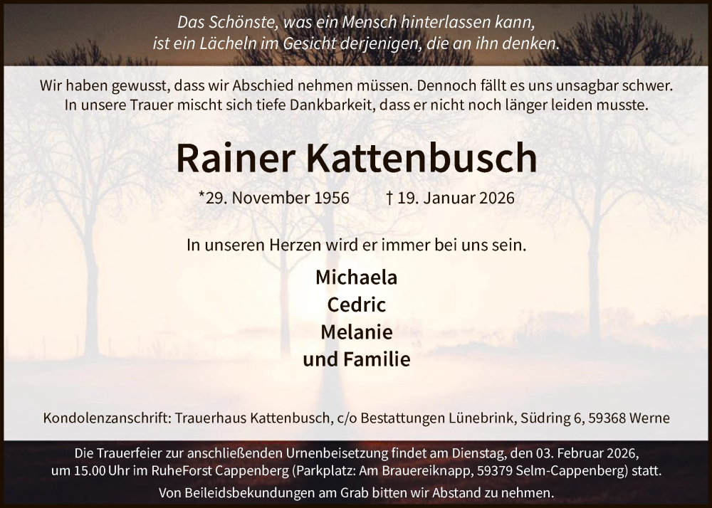  Traueranzeige für Rainer Kattenbusch vom 31.01.2026 aus HAWA