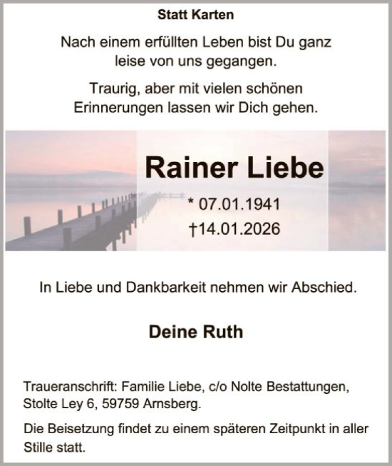 Traueranzeige von Rainer Liebe von HASK