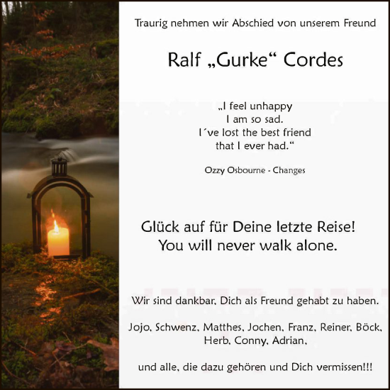 Traueranzeige von Ralf Cordes von HASK