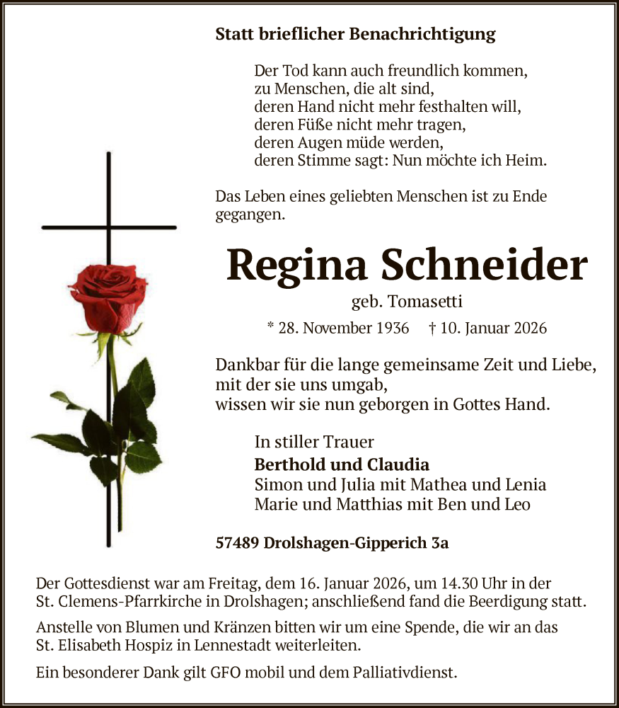  Traueranzeige für Regina Schneider vom 17.01.2026 aus HASK
