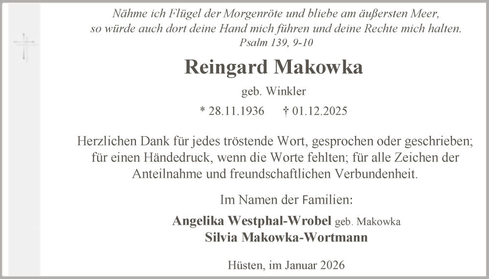  Traueranzeige für Reingard Makowka vom 17.01.2026 aus HASK