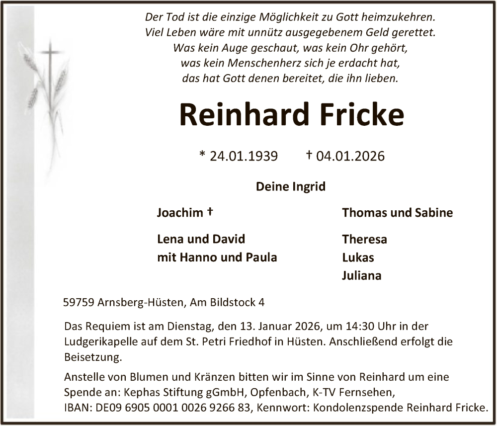  Traueranzeige für Reinhard Fricke vom 10.01.2026 aus HASK