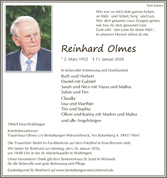 Traueranzeige von Reinhard Olmes von HASO