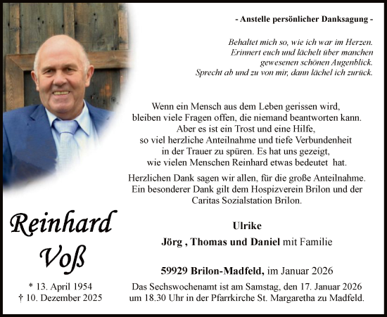 Traueranzeige von Reinhard Voß von HASK