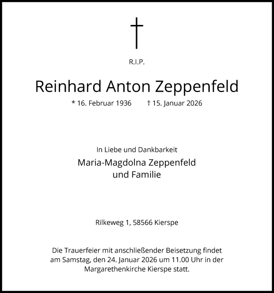 Traueranzeige von Reinhard Anton Zeppenfeld von HALN