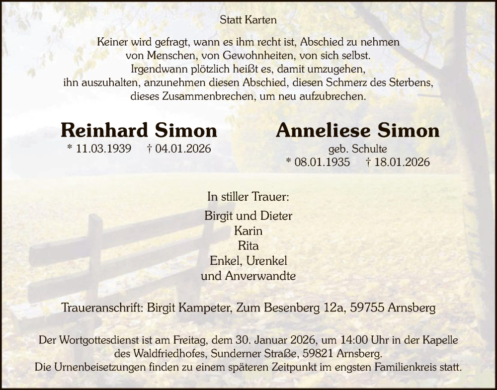  Traueranzeige für Reinhard und Anneliese Simon vom 24.01.2026 aus HASK