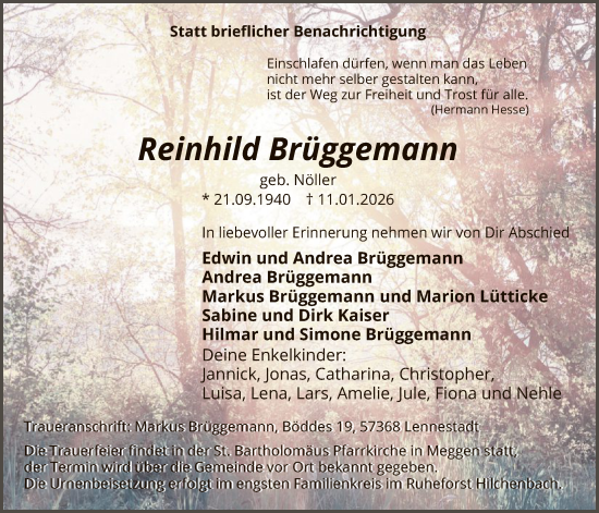 Traueranzeige von Reinhild Brüggemann von HASK