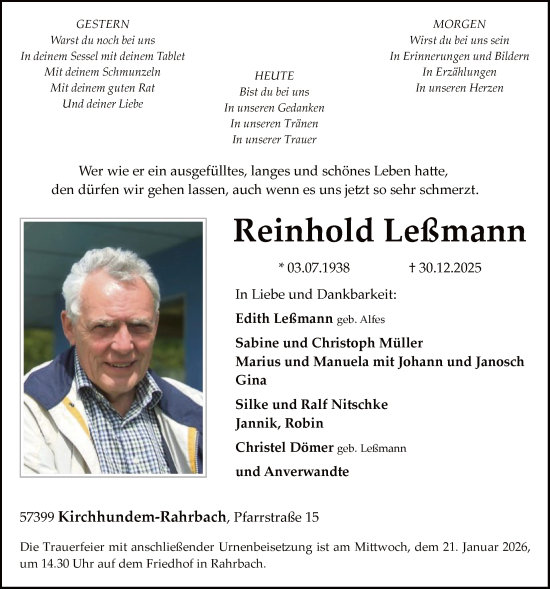 Traueranzeige von Reinhold Leßmann von HASK