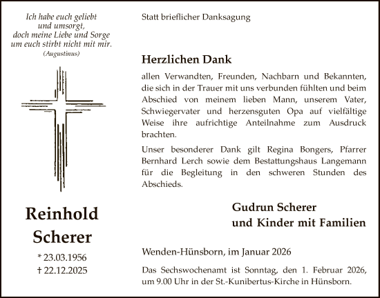 Traueranzeige von Reinhold Scherer von HASK