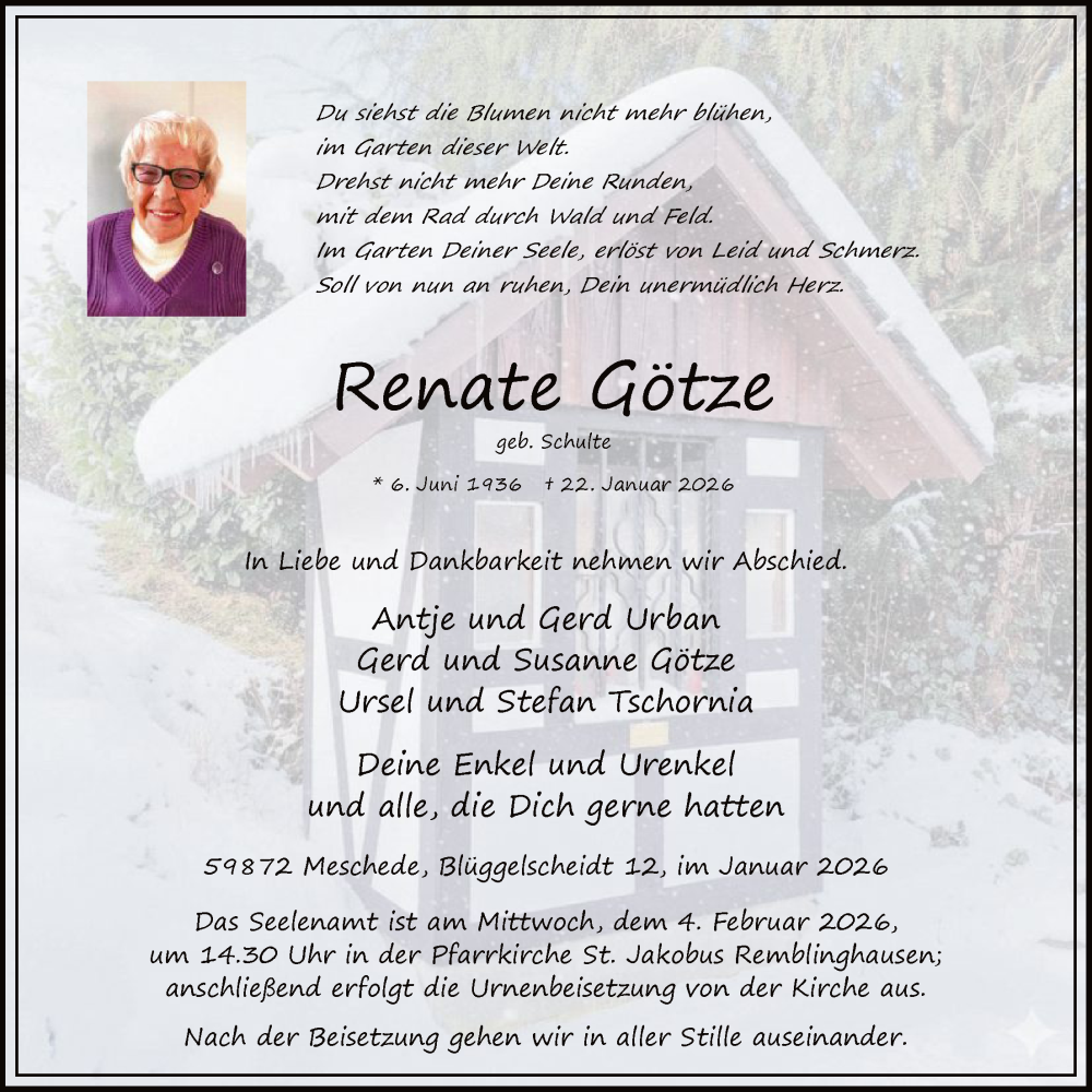  Traueranzeige für Renate Götze vom 31.01.2026 aus HASK