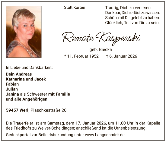 Traueranzeige von Renate Kasperski von HASO