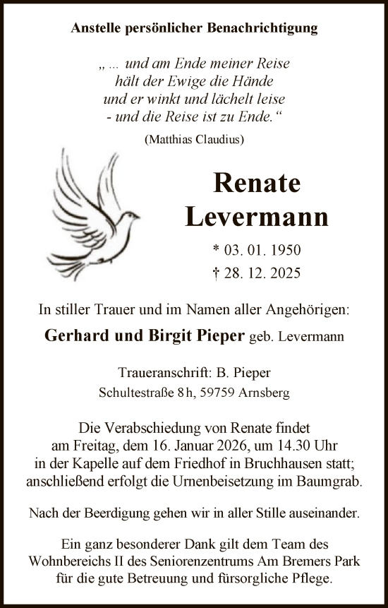 Traueranzeige von Renate Levermann von HASK