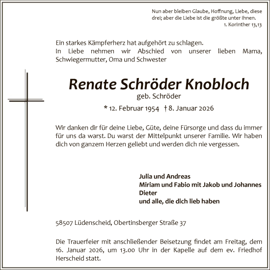 Traueranzeige von Renate Schröder Knobloch von HALN