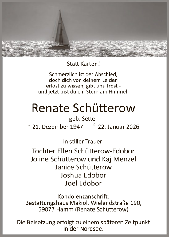 Traueranzeige von Renate Schütterow von HAWA