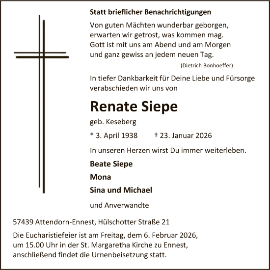 Traueranzeige von Renate Siepe von HASK