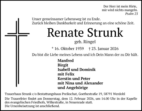 Traueranzeige von Renate Strunk von HALN