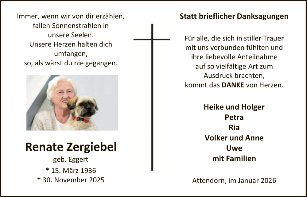  Traueranzeige für Renate Zergiebel vom 10.01.2026 aus HASK