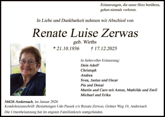 Traueranzeige von Renate Luise Zerwas von HAWA