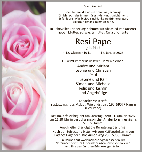 Traueranzeige von Resi Pape von HAWA