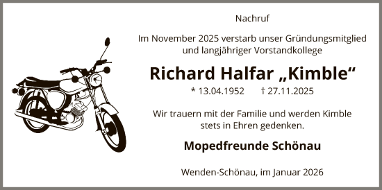 Traueranzeige von Richard Halfar von HASK