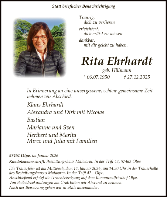 Traueranzeige von Rita Ehrhardt von HASK